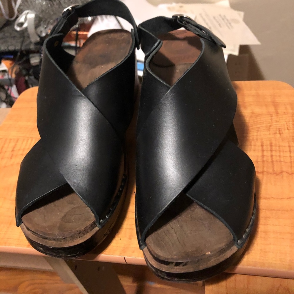 Swedish open toed all leather sling back clogs
